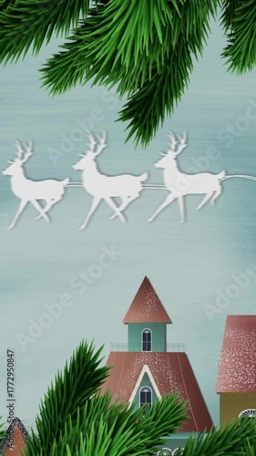 Santa's sleigh and reindeer animation over festive village with Christmas tree