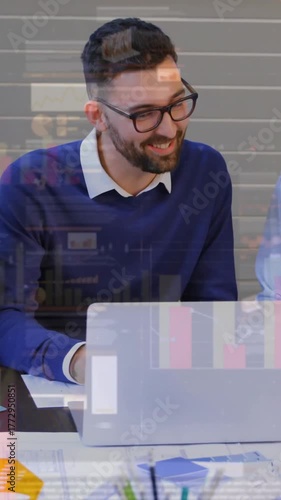 Analyzing financial data, business team working over stock market animation