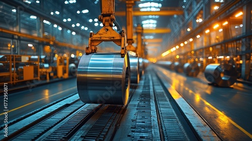 Large metal rolls suspended by industrial crane in a vast factory hall