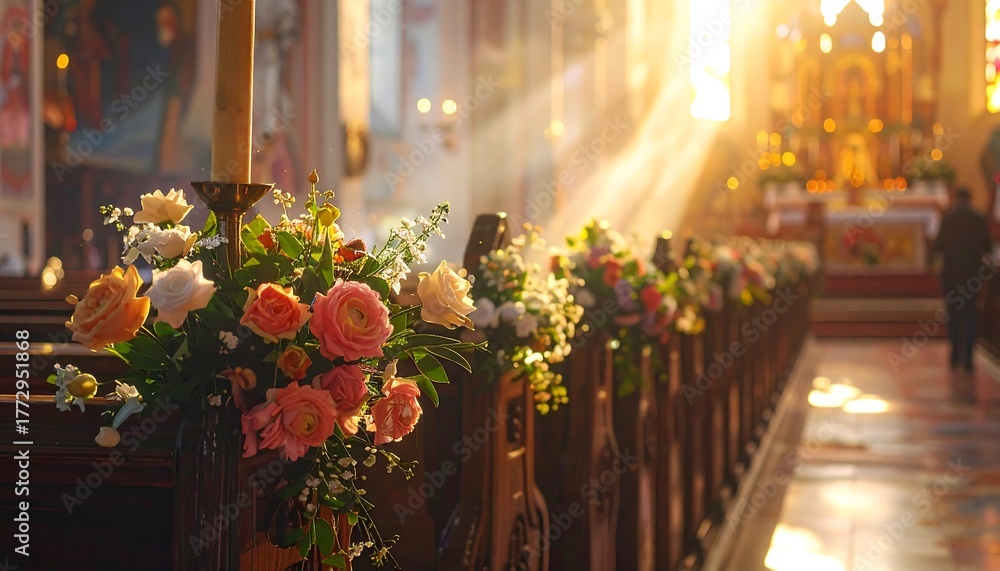 Fototapeta premium Church Interior with Flowers and Sunlight.