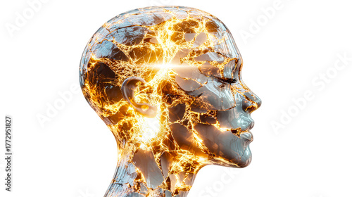 transparent background, isolated image. Futuristic human head sculpture with glowing neural connections, showcasing advanced technology and digital innovation in a captivating artistic representation