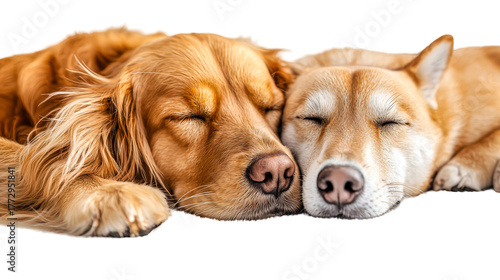 transparent background, isolated image. Two adorable dogs sleeping peacefully side by side, showcasing their soft fur and serene expressions in a cozy and heartwarming scene