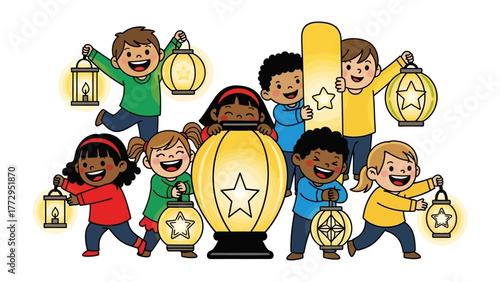 Illuminated Joy: A diverse group of children joyfully carry lanterns, their faces lit with wonder and excitement, celebrating a festival of light and unity.