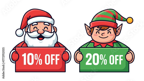 Holiday Offerings: Santa Claus and an elf joyfully present special discount signs, setting the festive mood for shopping.