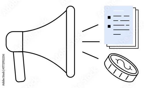 Megaphone projecting documents and a coin, representing advertising, communication, financial growth. Ideal for marketing, promotion, business strategy, advertising, finance public relations simple
