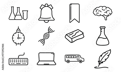Education and science outline icon set with brain, DNA, laboratory flask, laptop, stopwatch, school bus, quill pen, and bell symbol isolated on white background