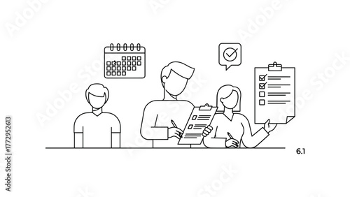 Team working on project with checklist and calendar