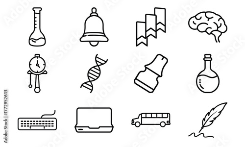 Education and science outline icon set with brain, DNA, laboratory flask, laptop, stopwatch, school bus, quill pen, and bell symbol isolated on white background