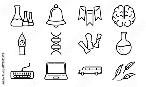 Education and science outline icon set with brain, DNA, laboratory flask, laptop, stopwatch, school bus, quill pen, and bell symbol isolated on white background