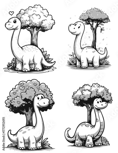 Cute Brachiosaurus Dinosaurs With Trees Black And