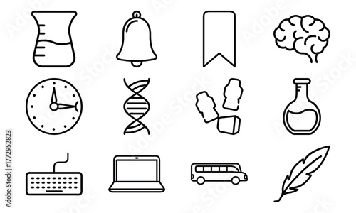 Education and science outline icon set with brain, DNA, laboratory flask, laptop, stopwatch, school bus, quill pen, and bell symbol isolated on white background