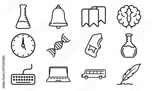 Education and science outline icon set with brain, DNA, laboratory flask, laptop, stopwatch, school bus, quill pen, and bell symbol isolated on white background