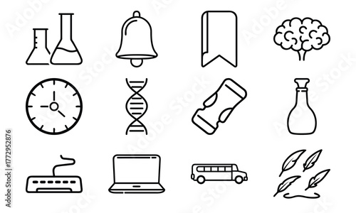 Education and science outline icon set with brain, DNA, laboratory flask, laptop, stopwatch, school bus, quill pen, and bell symbol isolated on white background