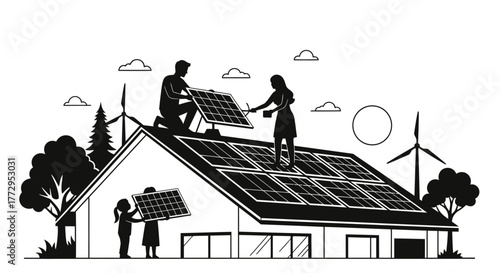 Solar Panel Installation: A family collaborates in harmony, installing solar panels on their house, signifying a commitment to a sustainable lifestyle.