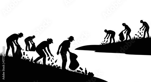 Eco-Friendly Endeavor: A silhouette captures volunteers meticulously collecting litter, symbolizing their dedication to a cleaner environment. Their collaborative effort demonstrates community spirit.