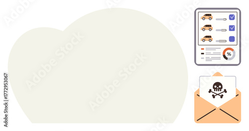 Document with vehicle data analysis, checklist, and envelope with a skull and crossbones warning. Ideal for cybersecurity, fraud detection, phishing, online threats, data analysis, risk management