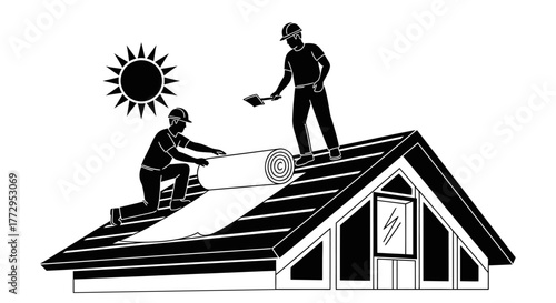 Roofing Installation: Illustrated depiction of two workers installing roofing materials on a house's roof, symbolizing construction and home improvement.