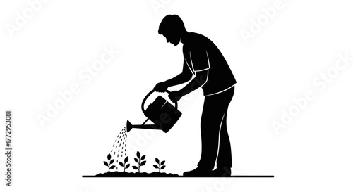 Cultivating Life: A silhouette of a gardener carefully waters young plants, symbolizing the nurturing of growth and the bond between humanity and nature. 