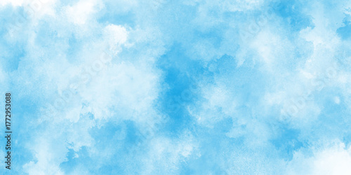 Design and Illustration blue sky watercolor background, bright blue sky Water color background, adorned with fluffy white clouds, abstract blue classic background with aged paint effect and minimal,