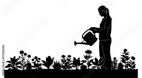 Nurturing Silhouette in Bloom: A silhouette of a dedicated gardener, captured in the act of watering blossoming flowers. Embracing the essence of nurturing and growth.