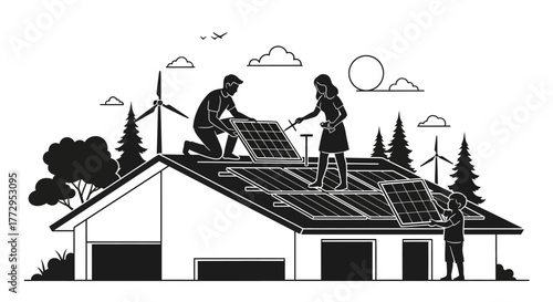 Family Embracing Renewable Energy: A family collaborates in harmony, installing solar panels on their roof. As wind turbines spin in the distance.