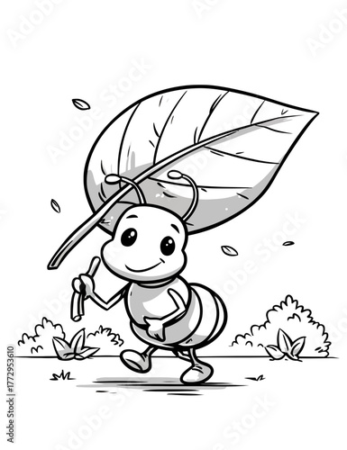 Cute Cartoon Ant Carrying A Large Leaf