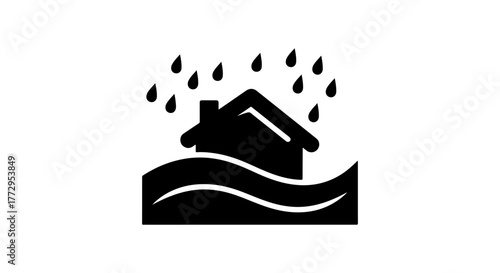 Black silhouette of a house submerged in water during heavy rain