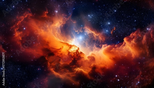 a bright cosmic nebula with glowing clouds and stars in rich shades of orange and red useful for designing scientific articles about space and science fiction projects