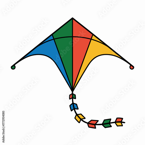 A colorful kite with a long tail is depicted against a white background.