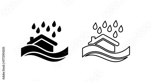 Flood damage icon showing house and rain with water waves