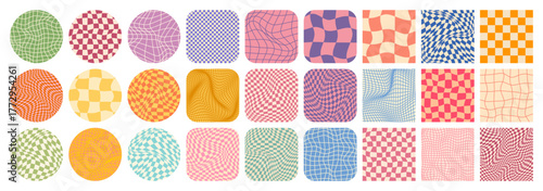 Groovy checkered pattern, colorful tiled grid. Vintage wavy curved backdrop, distortion effect. Funky geometric chessboard texture, retro background in 90s style, y2k. Vector illustration