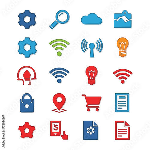 Digital Icons Set: A collection of various digital icons, representing functions and concepts, crafted with a modern, flat design, suitable for user interfaces, web design, or graphic elements. 