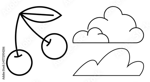 Stylized cherries with attached leaves next to two cloud shapes create a minimalist design. Ideal for nature, weather, simplicity, organic products, lifestyle, branding, and decoration. A clean flat