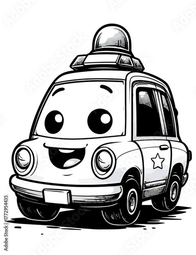 Cute Cartoon Police Car Character With Friendly