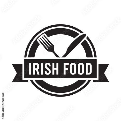 Circular irish food logo with fork and knife emblem