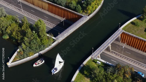Aerial of Aqueduct Veluwemeer above the Krardijk motorway in Harderwijk the Netherlands