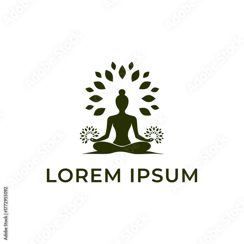 Silhouette of a girl doing yoga with flowers on white background. Meditation silhouette, Yoga icon template color editable. Yoga symbol vector sign. Greeting card.