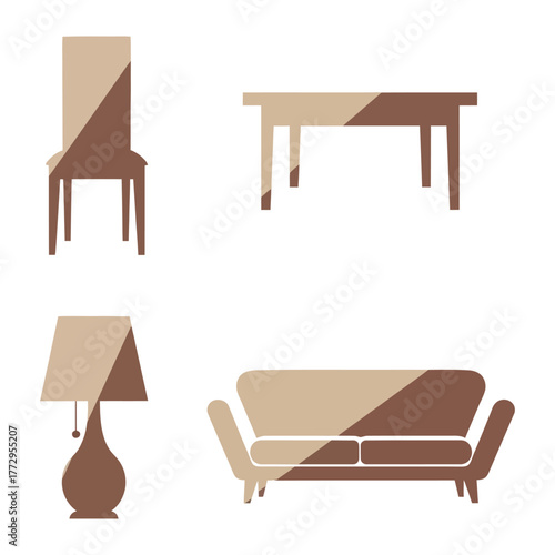 Furniture silhouettes: An arrangement of minimalist furniture silhouettes, including a chair, a table, a lamp, and a sofa, offering a modern and clean aesthetic for interior design projects.