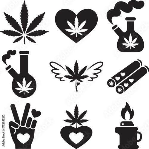 Black cannabis leaf icons with hearts peace signs and smoking devices vector