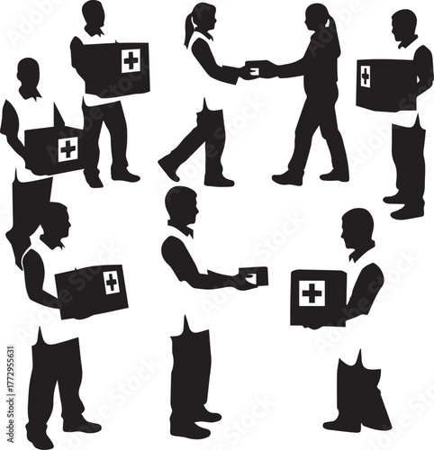 Diverse volunteers offering aid and support with humanitarian boxes on international volunteer day