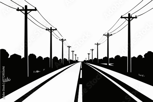 Multiple Electric Poles Along Road Black and White Vector Illustration