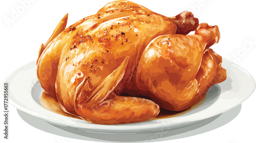 cartoon vector-style illustration of a roasted chicken on a platter, against a white background. high resolution, high detail, clip art, 2d cartoon