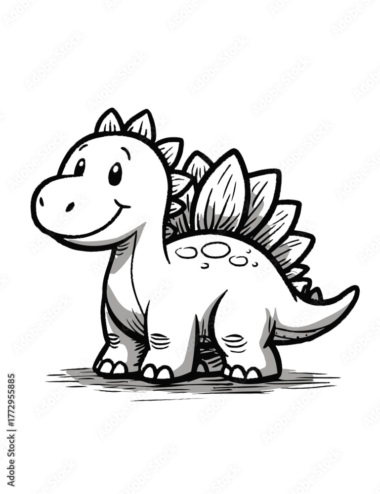 Naklejka premium Cute Baby Stegosaurus Dinosaur Sketch Black And