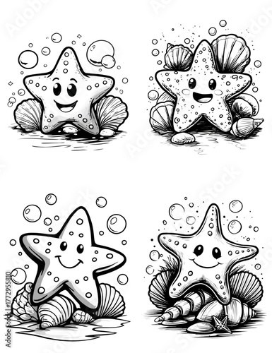 Cute Cartoon Starfish With Shells Black And