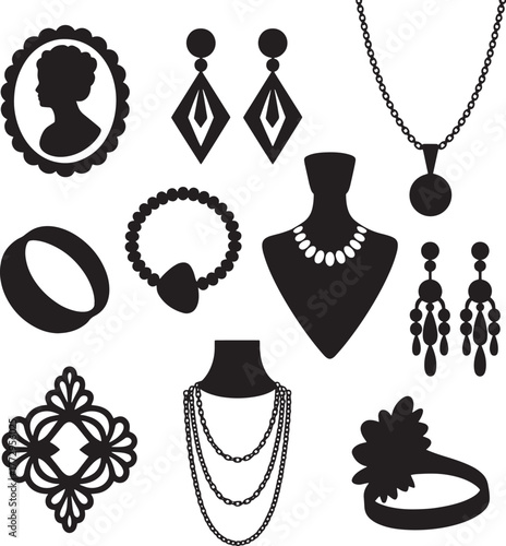 Black silhouette jewelry collection featuring necklaces bracelets earrings rings and a cameo vector