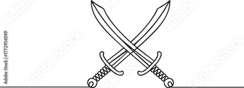 Continuous single line drawing of two crossed swords with curved blades and coiled handles, minimalist ancient weapon illustration