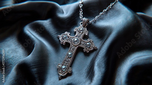 Ornate jeweled cross pendant on flowing dark satin fabric