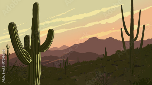 Majestic Saguaro Cactus at Golden Hour Sunset in Arizona Desert