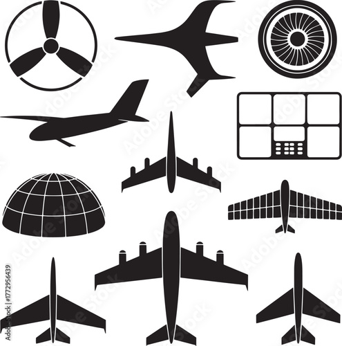 Collection of distinct black aviation icons airplane propeller