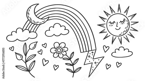 Cute Rainbow and Sunshine Doodle Coloring Page for Kids – Hand Drawn Line Art Illustration